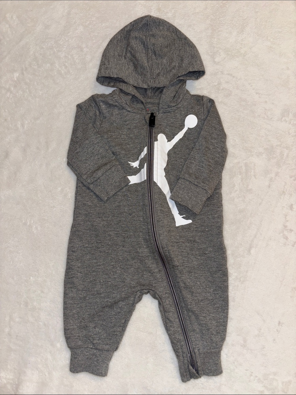 Jordan Grey Hooded Baby One-Piece with White Jumpman